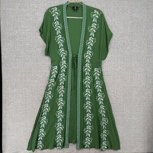 Curations Kimono Womens PM Green Floral Midi Embroidered Boho Robe Festival